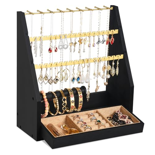 DGWJSU Jewelry Organizer Stand, 5 Layer Earring Holder Organizer with Necklace Holder, Rustic Wood Earring Organizer Display for Stud Earring Bracelet Necklace Ring, Watches (Black Gold) - color: Black Gold