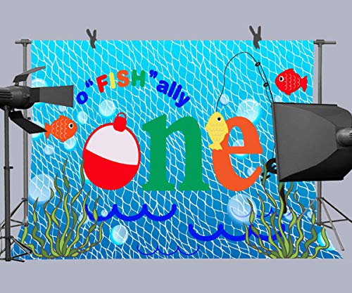 Gone Fishing 1st Birthday Party Photography Backdrop, 9x6FT, O Fish Ally Blue Fishing Nets Bubbles Background, Photo Booth Studio Props LYLU1179 - size: vinyl-9x6ft