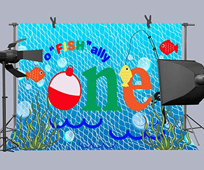Gone Fishing 1st Birthday Party Photography Backdrop, 9x6FT, O Fish Ally Blue Fishing Nets Bubbles Background, Photo Booth Studio Props LYLU1179 - size: vinyl-9x6ft