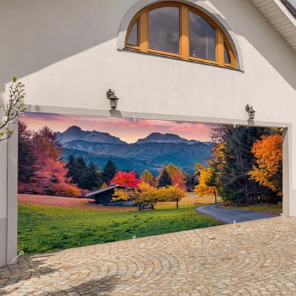 Fall Garage Door Cover Banner Decorations Backdrop 7x16ft Large Thanksgiving Autumn Country Forest Maple Leaves Nature Landscape Garage Door Banner Party Photoshoot Studio Prop Photography Background - size: 7x16ft