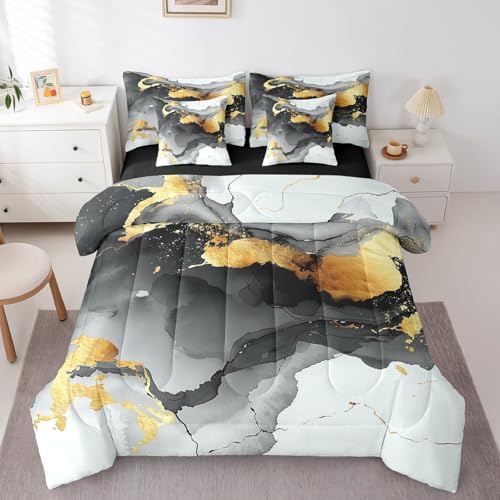 Erosebridal Black Marble Comforter Set with Sheets Modern Abstract Texture Bed in A Bag Rendered Marbling Art 7 Piece Bedding Set Bronzing Sequins Bed Set Queen Size for Teen Adults Men Women - color: Golden Black, size: Queen