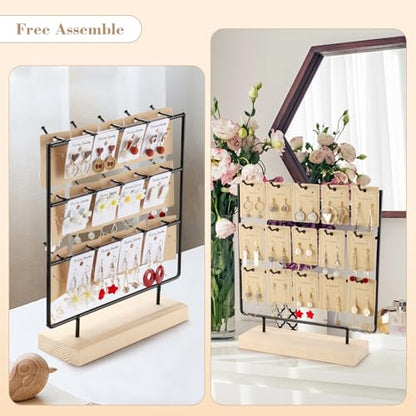 Earring Display Stands for Selling, 3 Tier 15 Hooks Wood Jewelry Organizer Rack for Earrings, Necklaces, Rings, Bracelets, Keychains - Compact for Countertop, Boutique, Trade Shows (Black)