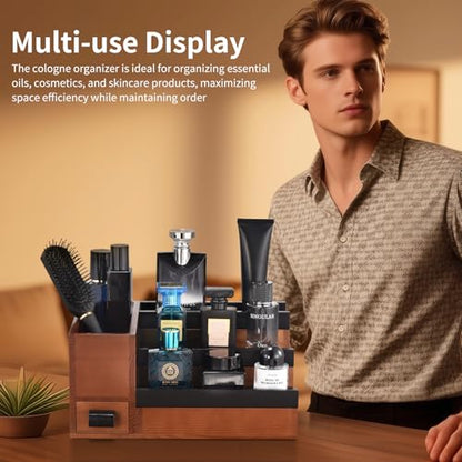 Perfume Stand Organizer for Men, 3 Tier Perfume Display Shelf with Velvet Lining Drawer and Hidden Compartment (Walnut Black - 1 Drawer) - style: 1 drawer - BlackWalnut