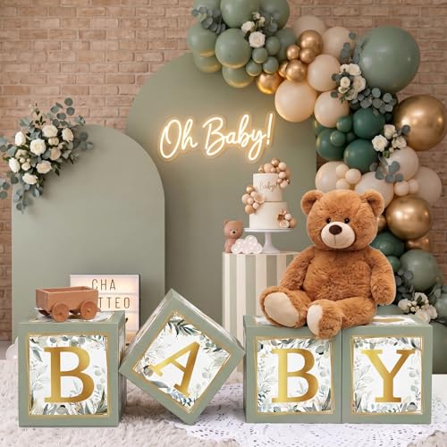 RUBFAC Baby Shower Boxes with Letters, 4pcs Sage Green Baby Shower Decorations for Boy Girl Balloon Boxes Gender Reveal Birthday Party Favors - color: Green
