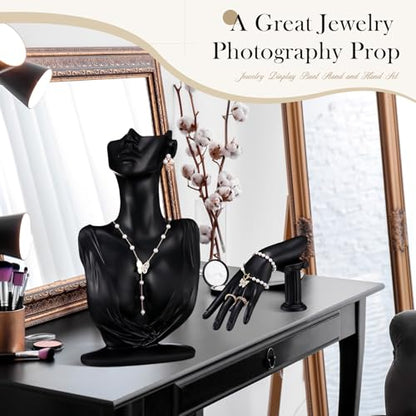 Yalikop 2 Pcs Jewelry Mannequin Display Set Necklace Bust Mannequin Earring Stand Hand Bracelet Ring Stand for Selling Show - color: Black