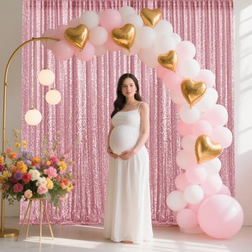 2×8FT-2PCS Light Pink Sequin Backdrop Curtains Panels, Photography Backdrop Glitter Curtains Fabric Background for Christmas Wedding Party Decor - color: Rose Pink, size: 2X8FT-2PCS