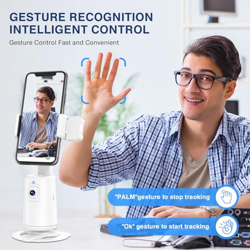 Auto Face Tracking Tripod 360° Rotating Cell Phone Photo and Video Kits Stand, No App, Camera Stand with Remote and Gesture Control, Rechargeable Smart Shooting Stand for Live Recording Tiktok（White） - color: White
