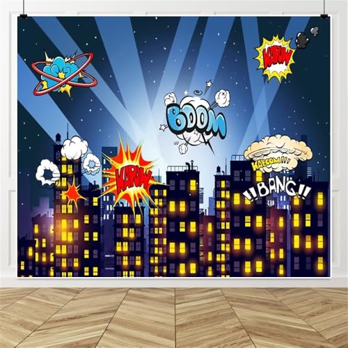 10x8ft Superhero Super City Photography Backdrops Cartoon Skyline Buildings City Boom Photo Backdrop Decorations Children Boys Birthday Party Cake Table Banner Background Studio Booth - size: 10X8FT