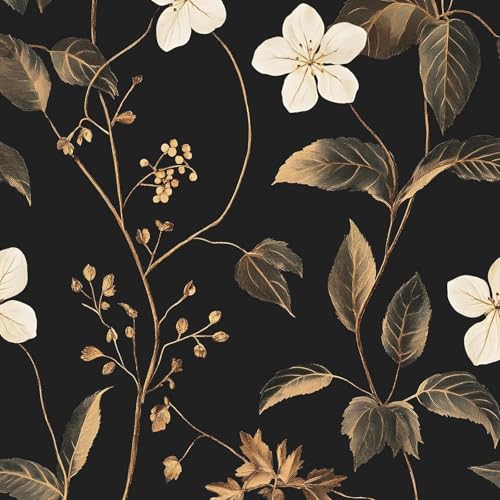 Dark Floral Wallpaper Peel and Stick Vintage Floral Wallpaper Vinyl Wallpaper Gold Leaf Contact Paper for Cabinet Waterproof Self Adhesive Wall Paper for Kitchen Countertop Wall 17.5" x 393" - color: Gold Floral, size: 17.5" x 393"