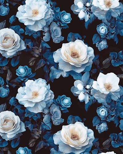 Laatse Black Floral Wallpaper Peel and Stick Blue White Flowers Gothic 17.5" x 118" Contact Paper Self Adhesive Vinyl Waterproof Removable for Kitchen Bathroom Shelves Cabinet Drawer Table Decor - color: Black/Blue, size: 17.5" x 118"