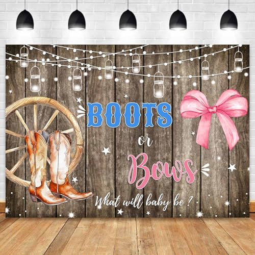 Sensfun Boots or Bows Gender Reveal Backdrop Boy or Girl Baby Shower Party Decorations Rustic Wooden Cowboy Boots Pink Bow Photography Background Western Gender Reveal Banner Photo Booth Props 6x4ft - size: 6x4ft