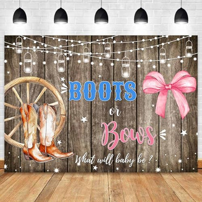 Sensfun Boots or Bows Gender Reveal Backdrop Boy or Girl Baby Shower Party Decorations Rustic Wooden Cowboy Boots Pink Bow Photography Background Western Gender Reveal Banner Photo Booth Props 10x7ft - size: 10x7ft