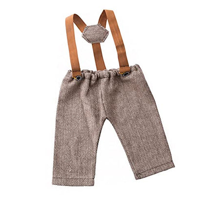 Newborn Monthly Baby Photo Props Stripe Checked Flat Cap Newsboy Suspender Pants Romper for Photography Outfits - color: Coffee