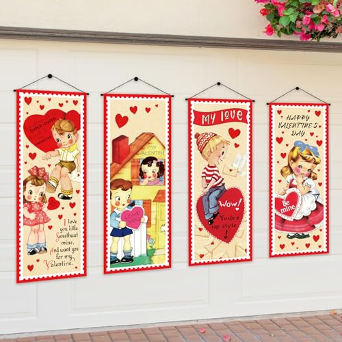 FYSUIMU 4Pcs Valentine's Day Garage Door Banner Hanging Porch Signs Vintage Backdrop for Wedding Anniversary Party Home Photo Prop Decor