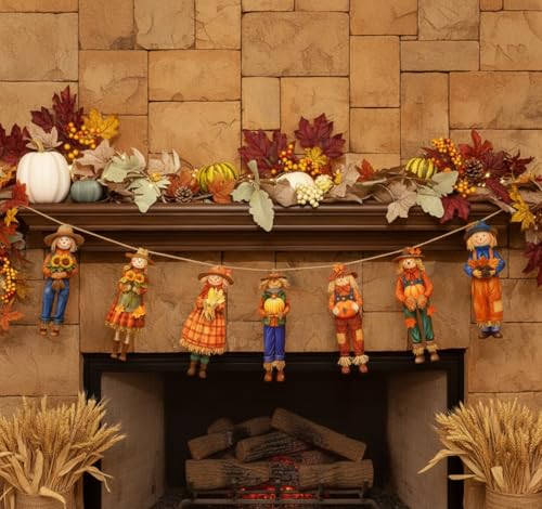 Thanksgiving Scarecrow Garland Fall Wooden Scarecrow Banner Fall Decorations for Home, Wooden Hanging Garland for Autumn Harvest Party Wall Decor Photo Booth Backdrop - style: Scarecrow