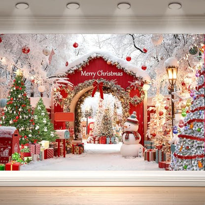 Christmas Photography Backdrop - Merry Christmas Banner, Snowy Winter Wonderland, Christmas Trees, Red Archway, Snowman - Xmas Party Decoration Photo Booth Prop Background Cloth (5x3 FT)