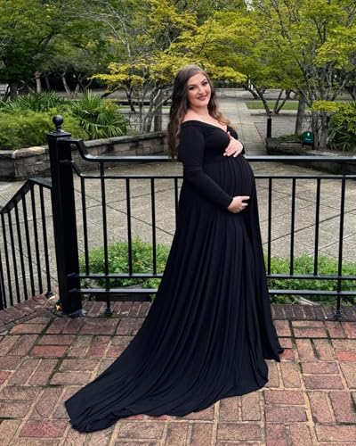 Saslax Maternity Off Shoulders Half Circle Gown for Baby Shower Photo Props Dress - color: N-black 11, size: Medium