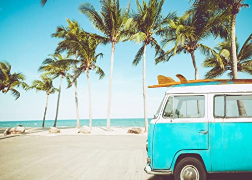 BELECO 15x8ft Fabric Tropical Beach Backdrop Vintage Car in Beach with Surfboard Surfing Backdrop Summer Hawaii Surf Photography Backdrop for Luau Party Decoration Birthday Photoshoot Photo Props - size: 15x8FT