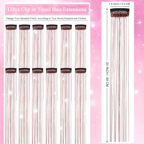 Hair Tinsel Clip in 12 Pcs Glitter Tinsel Hair Extensions Red 20 Inch Fairy Hair Clip in Hair Tinsel Heat Resistant Sparkly Hair Accessories for Girls Women Kids (Red) - color: Red