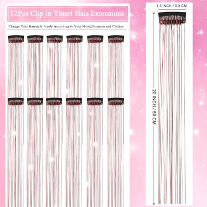Hair Tinsel Clip in 12 Pcs Glitter Tinsel Hair Extensions Red 20 Inch Fairy Hair Clip in Hair Tinsel Heat Resistant Sparkly Hair Accessories for Girls Women Kids (Red) - color: Red