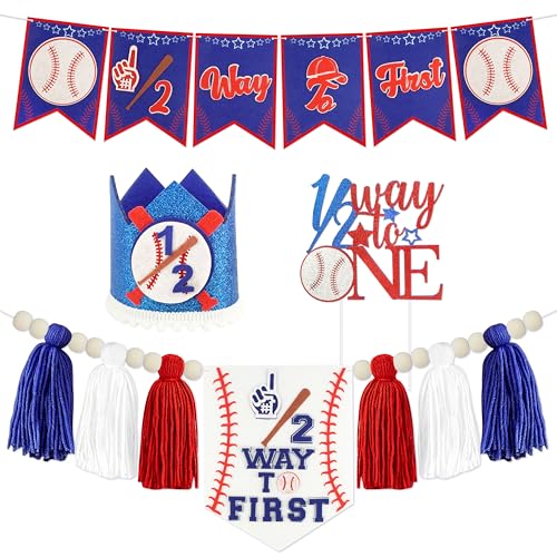 Baseball 1/2 Birthday Decorations Kit - Includes “1/2 Way to First” Banner, High Chair Garland, Cake Topper, Soft Crown & Photo Backdrop for 6-Month Rookie Party - color: Navy
