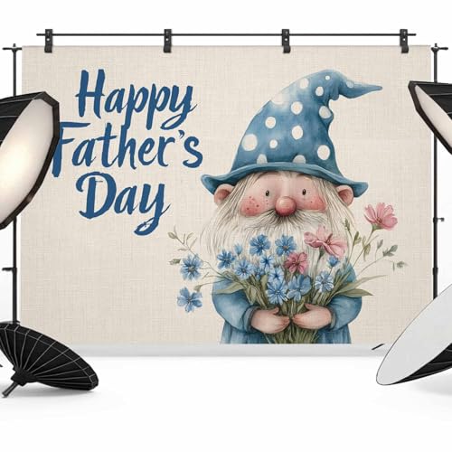 Father's Day Backdrop for Photography, Gnome Hold Blue Red Flowers Linen Texture Photo Backdrop Portrait Background Party Banner Photo Backgrounds for Studio Booth Props, 7x5ft - color: Blue Pink Beige, size: 7x5FT