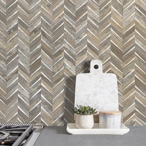DICOFUN 10-Sheet Herringbone Peel and Stick Backsplash for Kitchen, Distressed Wood Wood Look PVC Mixed Metal Chevron Stick on Backsplash Wall Tiles - color: Distressed Wood and Metal Silver, size: 10 Sheets, 12"x12"x0.12"