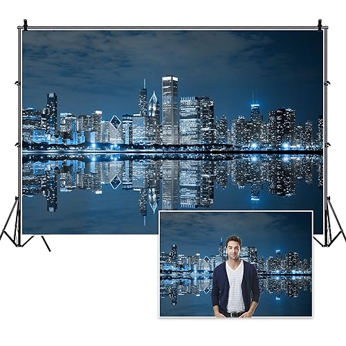 8x6ft Skyline City Night Landscape Photography Backdrop Business Modern City Chicago Downtown Night Background for Party Decoration Birthday Kids Boy Photoshoot Photo Background Props