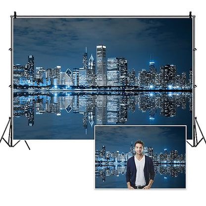 8x6ft Skyline City Night Landscape Photography Backdrop Business Modern City Chicago Downtown Night Background for Party Decoration Birthday Kids Boy Photoshoot Photo Background Props