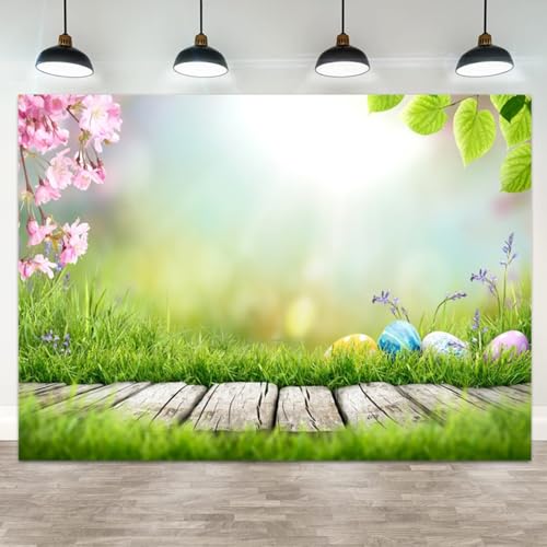 5x3ft Spring Easter Backdrop Cherry Blossom Green Grass Wood Plank Photo Background Colorful Eggs Floral Decor for Photography Baby Shower Birthday Party Decor Festive Photo Booth Prop - color: color 5, size: 5x3ft