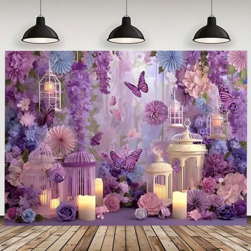 Purple Pink Flower Backdrop Lavender Wisteria Floral for Parties Wedding Butterfly Candlelight Glitter Background Girl Birthday Decoration Engagement Ceremony Photo Studio Props (B, 8X6FT) - color: B, size: 8X6FT