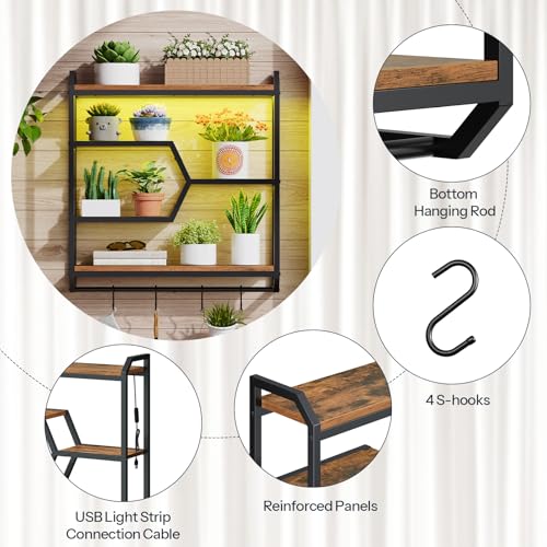 HOOBRO 27.5" Floating Shelf with LED Lights, Gaming LED Wall Mounted Shelf with Hanging Rod & 4 S-Hooks, 4-Tier Hanging Display Rack, for Living Room, Gaming Room, Rustic Brown and Black BF71DBJ01 - color: Rustic Brown + Black