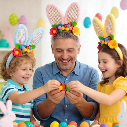 3 Pack Luxurious Easter Bunny Ears Headband Cute Plush Rabbit Ears for Kids Adult Cosplay Birthday Party Supplies - color: 3pcs Headband With Flowers-4