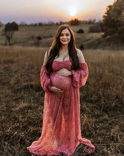 Saslax Soft Stretchy Lace Off Shoulder Doubly Split A-line Skirt Maternity Dress Pregnancy Maxi Gown for Photoshoot - color: Antique Rose, size: Small