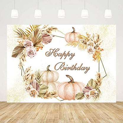 SENDY 7x5ft Boho Happy Birthday Backdrop for Girls Women Autumn Pumpkin Flowers Pampas Grass Photography Background Birthday Party Decorations Banner Photo Booth Props
