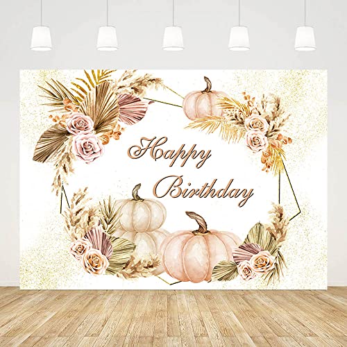 SENDY 7x5ft Boho Happy Birthday Backdrop for Girls Women Autumn Pumpkin Flowers Pampas Grass Photography Background Birthday Party Decorations Banner Photo Booth Props