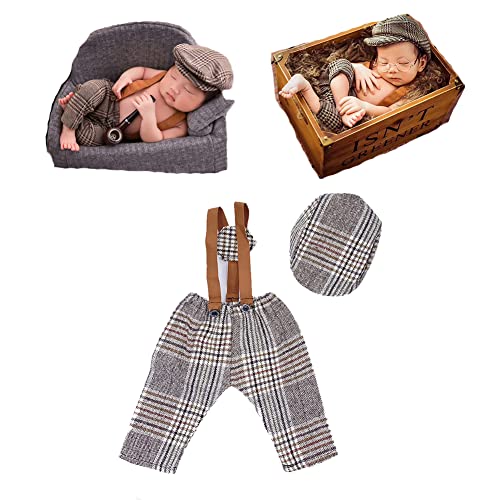 Infant Newborn Photo Outfits Props Baby Photography Crochet Romper Hat Set Monthly Boy Girl Photo Shoot Knitted Berets - color: Brown White