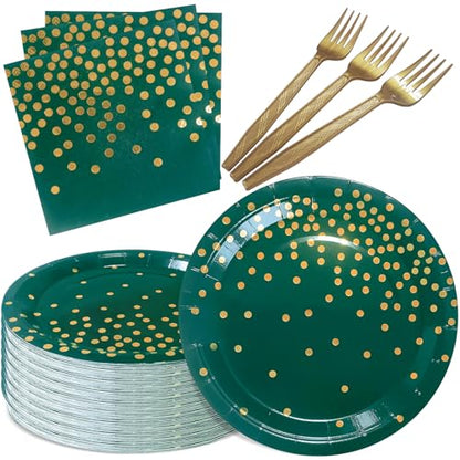 Green Paper Plates and Napkins Party Supplies,Serve 35 Guests 7 Inch Dark Green and Gold Party Plates and Napkins for Wedding Graduation - color: Dark Green Gold Dot Paper Plate