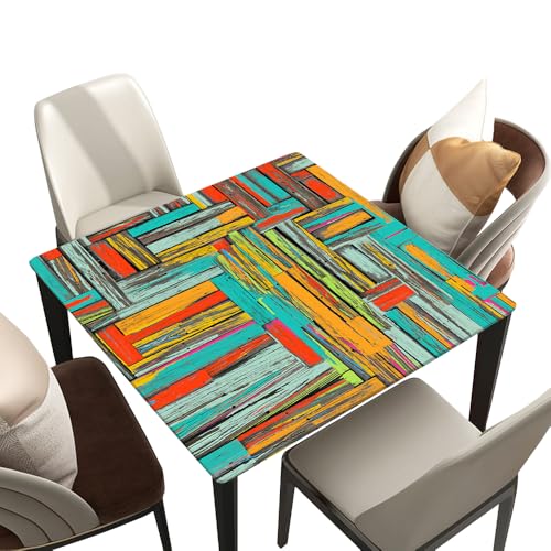 Square Fitted Table Cloth Elastic Edged, Vintage Colorful Wood Texture Background, Square Table Cover for Picnic, Banquet, Home Kitchen, Suit for 24"x24" Square Table - color: Wood Texture -1, size: 24" x 24" (Square)