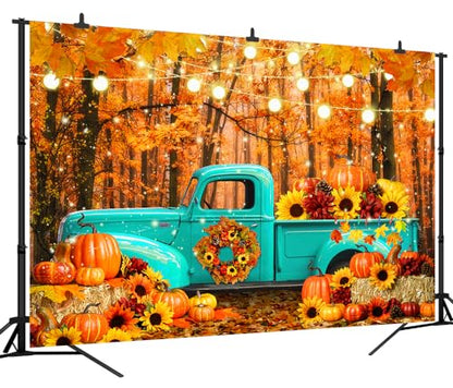 7x5 FT Fall Forest Blue Truck Backdrop Autumn Forest Pumpkin Maple Leaf Sunflower Harvest Theme Photography Background Thanksgiving Party Decorations Banner Portrait Photo Studio Props, Clear - size: 7x5 Ft