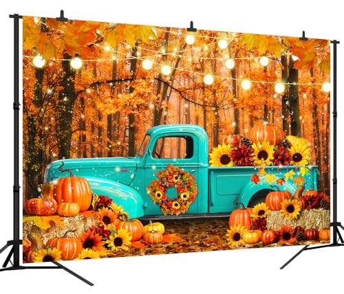 10x8 FT Fall Forest Blue Truck Backdrop Autumn Forest Pumpkin Maple Leaf Sunflower Harvest Theme Photography Background Thanksgiving Party Decorations Banner Portrait Photo Studio Props, Clear - size: 10x8 FT