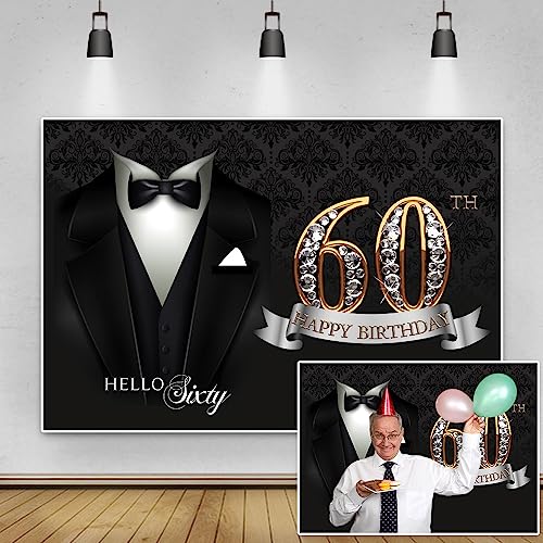5x3ft Men 60th Birthday Backdrop Black Necktie Suit Tuxedo Diamonds Gold 60th Happy Birthday Photography Background Hello Sixty Birthday Party Supplies Cake Table Banner Photo Booth Props - color: black gold 60, size: 5x3ft
