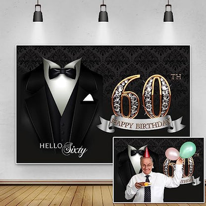 5x3ft Men 60th Birthday Backdrop Black Necktie Suit Tuxedo Diamonds Gold 60th Happy Birthday Photography Background Hello Sixty Birthday Party Supplies Cake Table Banner Photo Booth Props - color: black gold 60, size: 5x3ft