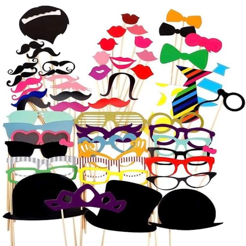 Party Props for Photo Booth Birthday Wedding Kids Adult Prom 58 Pcs, DIY Funny Ronwace Costumes with Mustache on a Stick, Hats, Glasses, Mouth, Bowler, Bowties