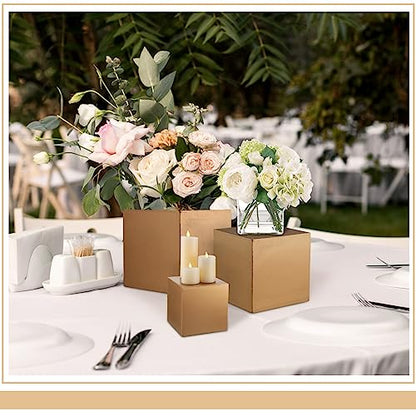 BBTO 6 Pcs Gold Buffet Risers Wood Display Table Stand for Food Wood Cube Box Display Set Nesting Risers Buffet Cake Table Food Stand Boxes for Weddings Home Countertop Jewelry Decor