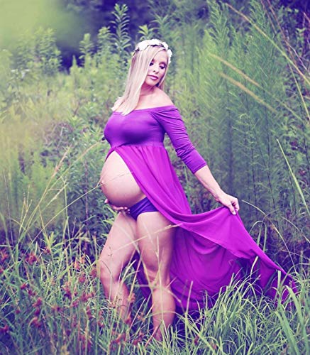 ZIUMUDY Maternity Maxi Chiffon Photography Dress Split Front Gown for Photoshoot - color: Purple