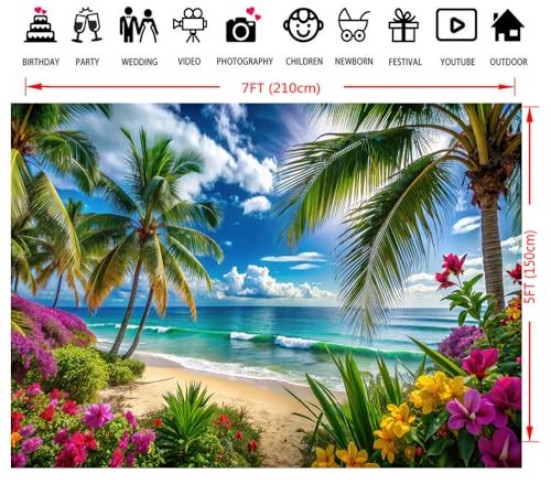 7x5ft Summer Hawaiian Beach Photography Backdrop Tropical Flower Palm Leaves Background for Luau Aloha Party Decoration Banner Photo Booths - size: 7x5ft