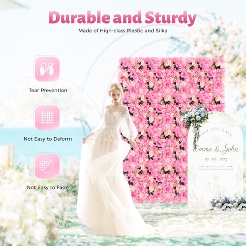 LOYALHEARTDY 12 Pack Artificial Flower Wall Panels 24" x 16" Flower Wall Panel Wall Backdrop Faux Hydrangea Rose Flower Backdrop Panels for Flower Wall Decor Wedding Party Event Decoration - color: 12 Pcs, Pink+leaf