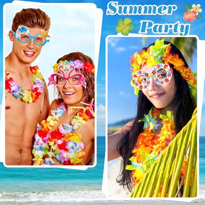 HOWAF 24pcs Hawaii Paper Glasses,Luau Party Eyeglasses Photo Booth Props Kit for Summer Tropical Party Favors,Hibiscus Flower Glasses for Beach Party Decor Eyewear,Aloha Tropical Flower Photo Glasses