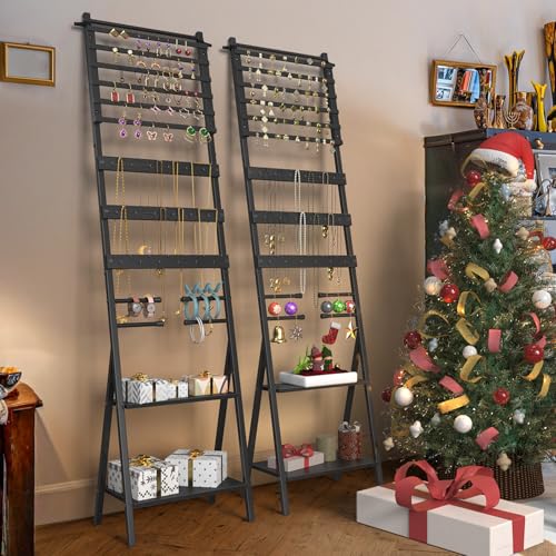 Jewelry Organizer Stand Floor Jewelry Holder Stand with Necklace Holder Earring Floor Stand, Tall Jewelry Armoire for Watches, Rings, Bangle, 54 Holes Metal Earring Rack, Black - color: Black